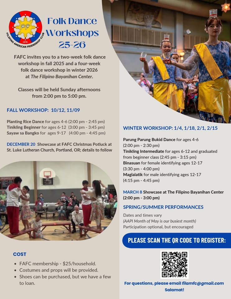 FAFC Folk Dance Fall Workshop for Children Ages 9 to 17: Learn Sayaw sa Bangko "Bench" dance