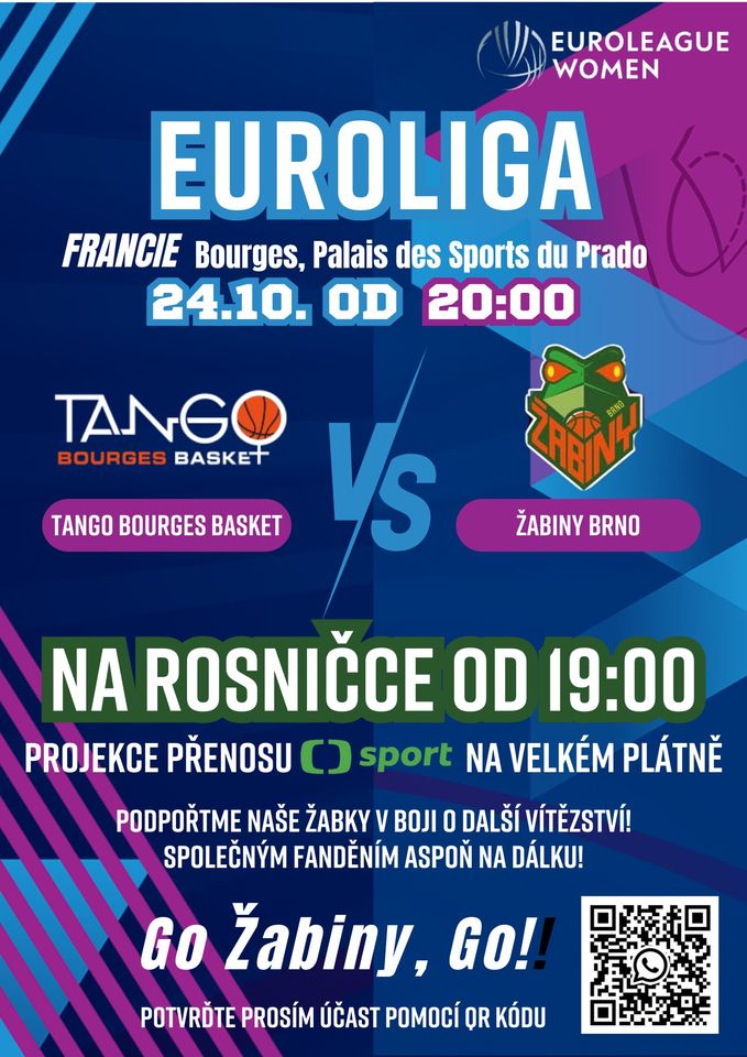 Projekce přímého přenosu euroligového zápasu Žabiny Brno vs. Tango Bourges Basket