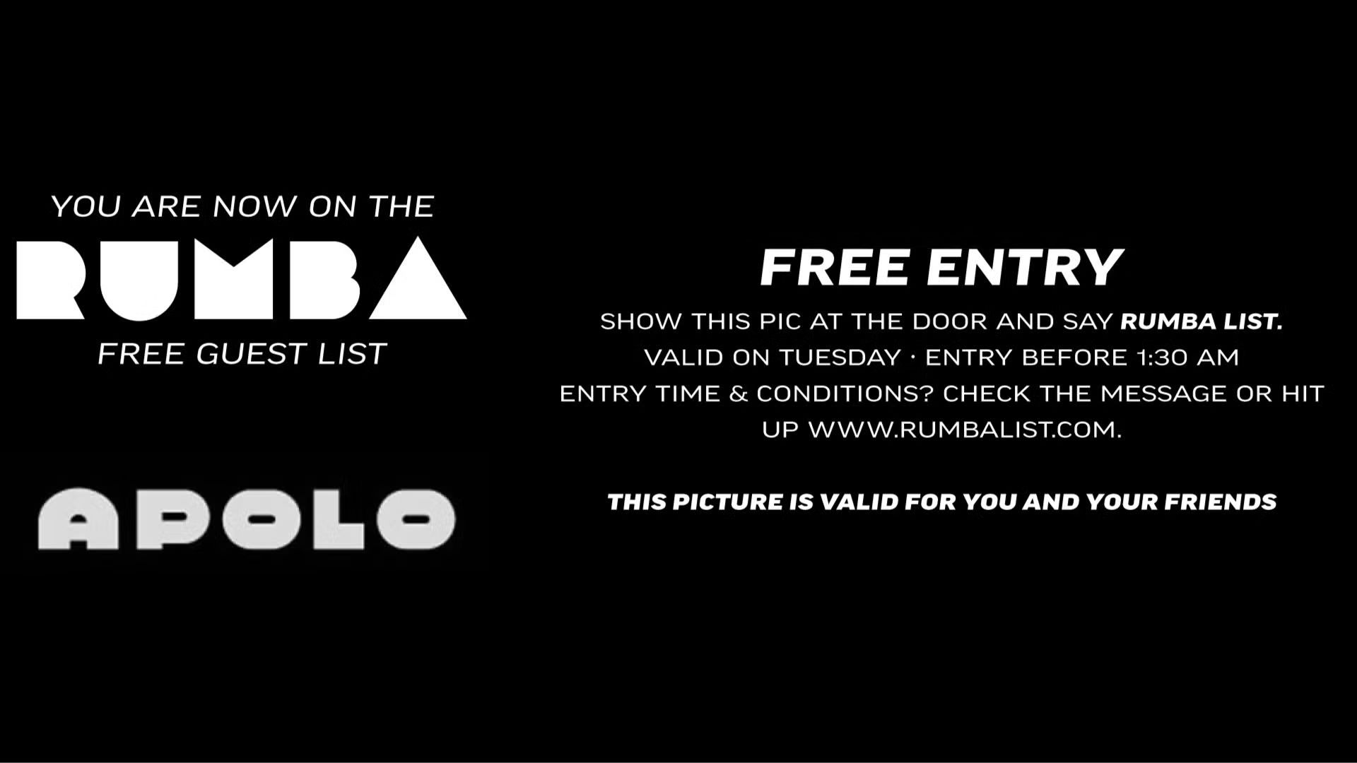 🎶 Tuesday Nights at Apolo – Free Entry with RUMBA 🪩