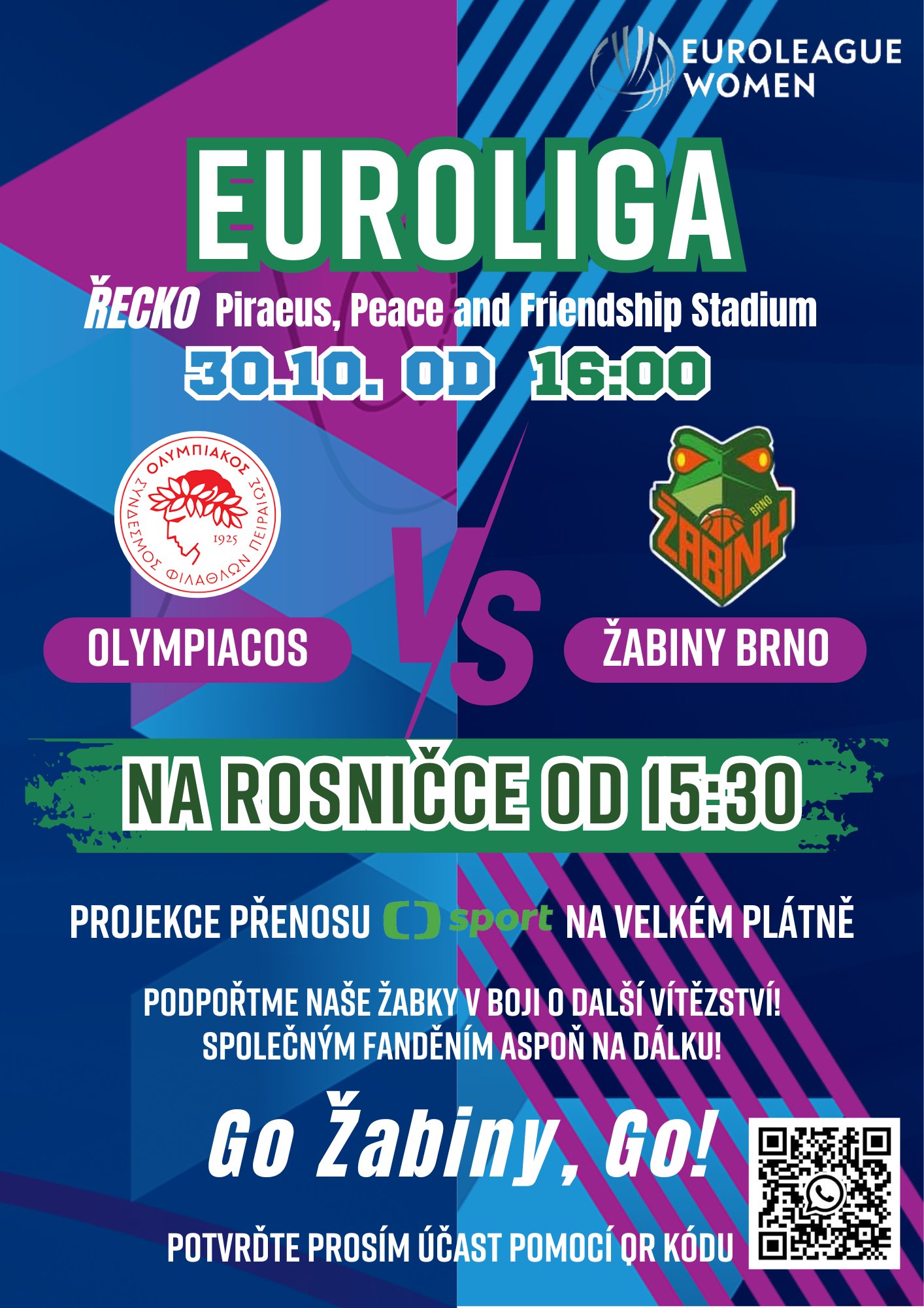 Olympiacos vs. Žabiny Brno - projekce live přenosu euroligy                     na velkém plátně