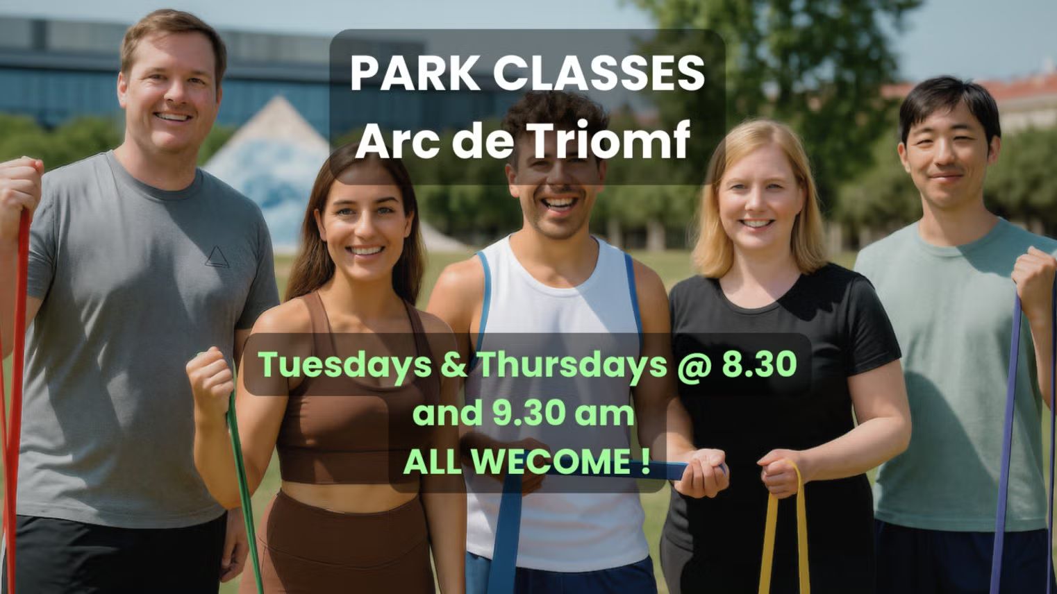 Fitness class : fun + friendly : outdoor park : small  group  : all levels