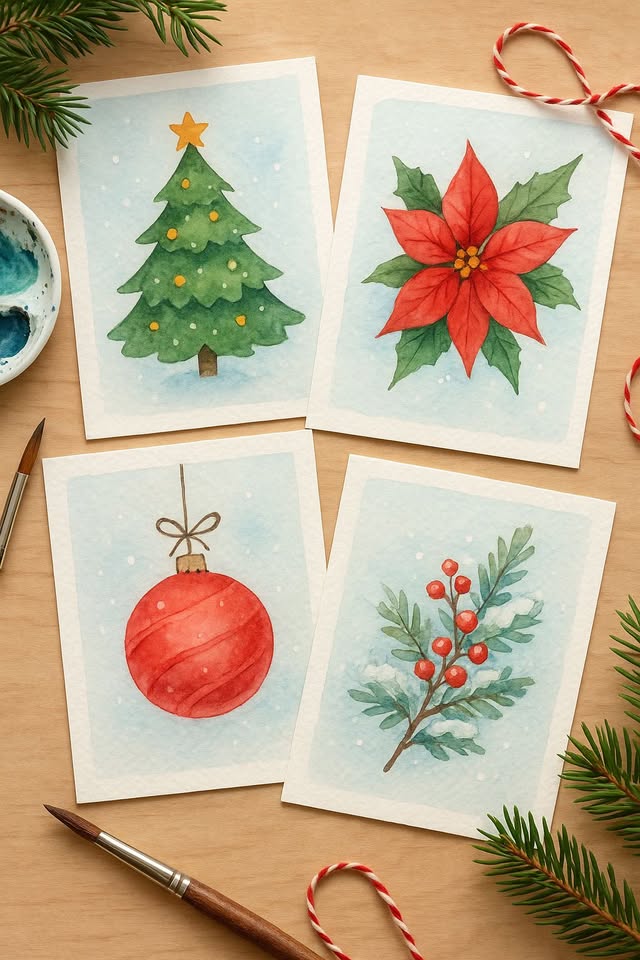 Vianočné akvarelové pohľadnice 🌲