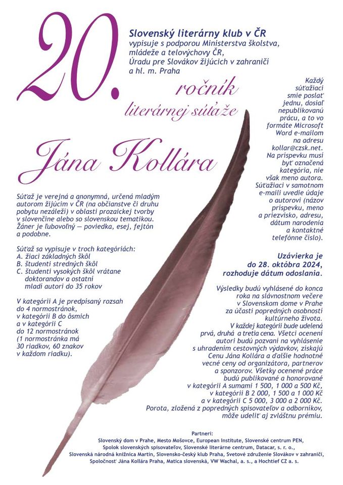 Uzávierka príjmu prác do Literárnej súťaže Jána Kollára