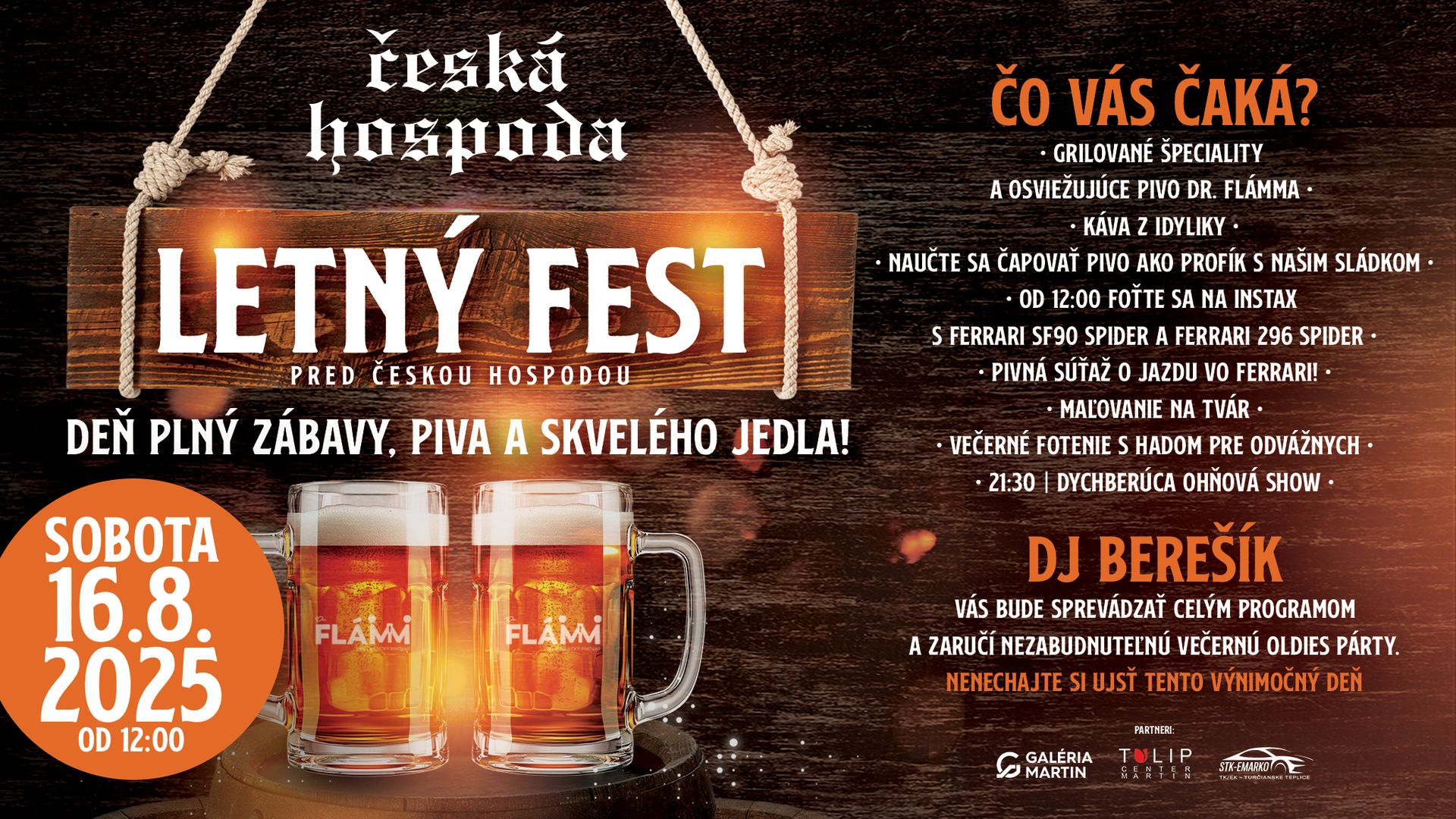 LETNÝ FEST s DJ BEREŠÍKOM pred Českou hospodou SOBOTA 16-8-2025