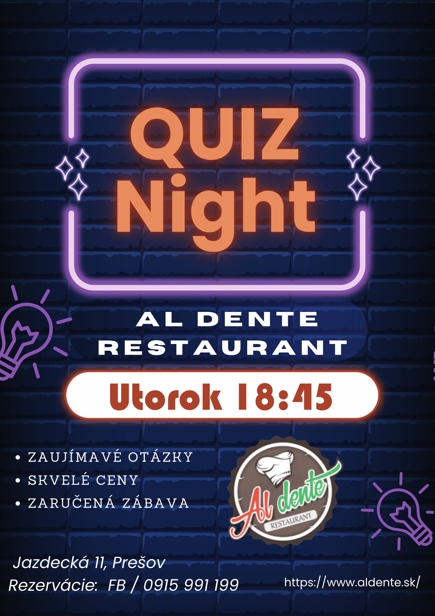 VEDOMOSTNÝ KVÍZ ALDENTE PREŠOV ! Každý UTOROK 18:45