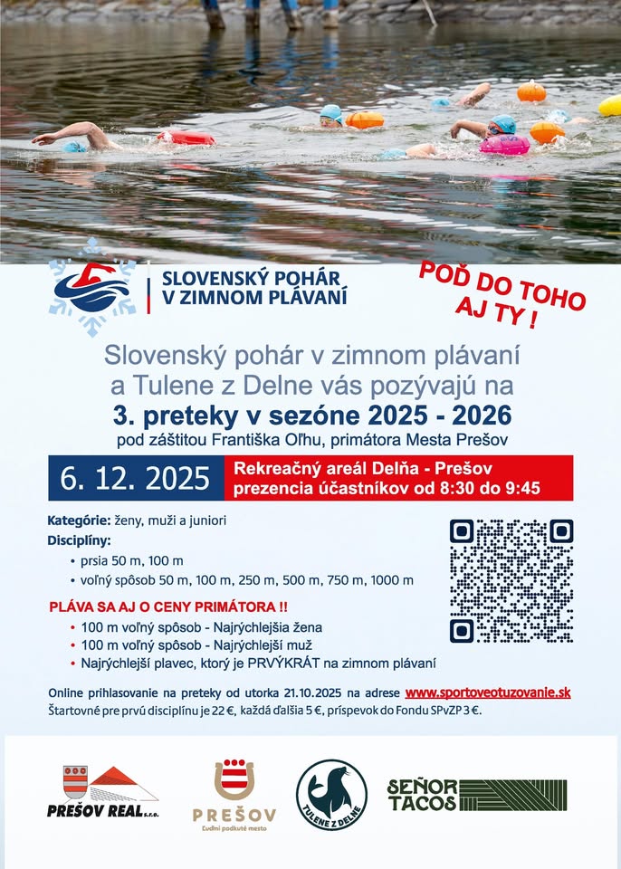SLOVENSKÝ POHÁR V ZIMNOM PLÁVANÍ - 3. PRETEKY SEZÓNY 2025 - 2026, KÚPALISKO DELŇA PREŠOV 06.12.2025