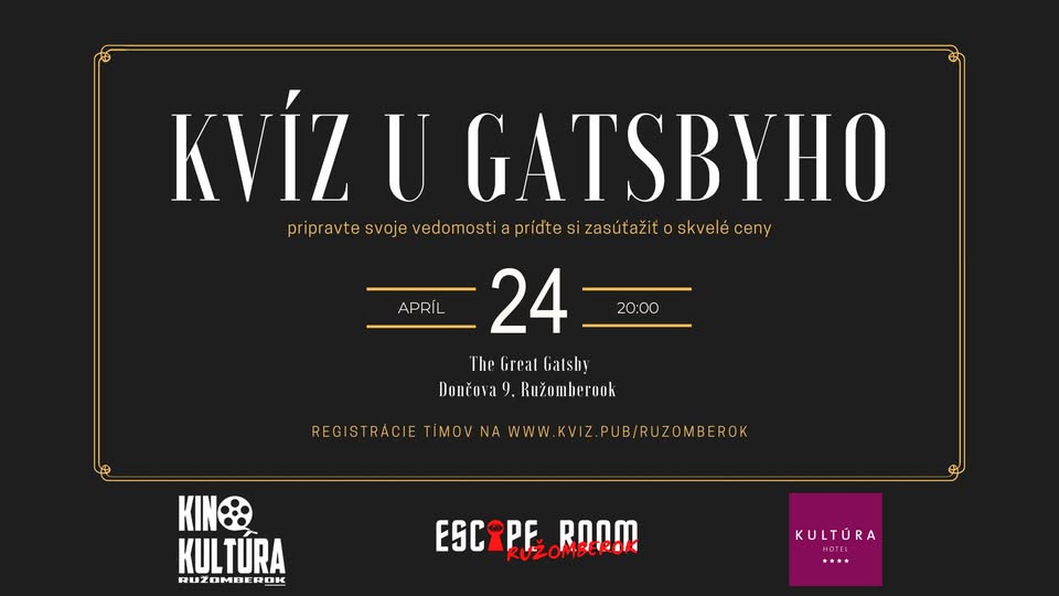 🧠✨ KVÍZ U GATSBYHO – Štvrtok 24. Apríl! 20:00 🍸