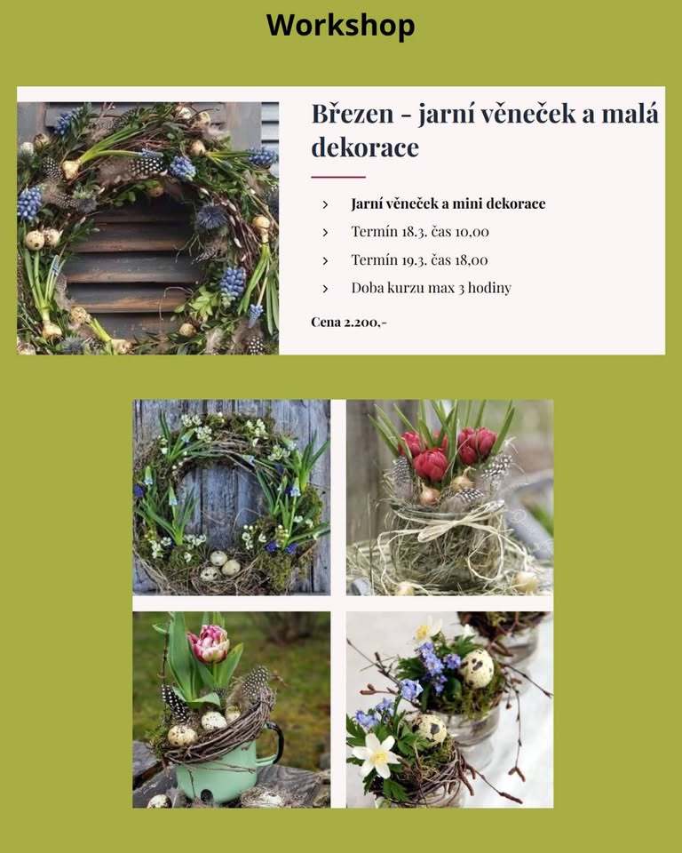 🌼KVĚTINOVÝ WORKSHOP 18.3. a 19.3. Jarní věneček a malá jarní dekorace