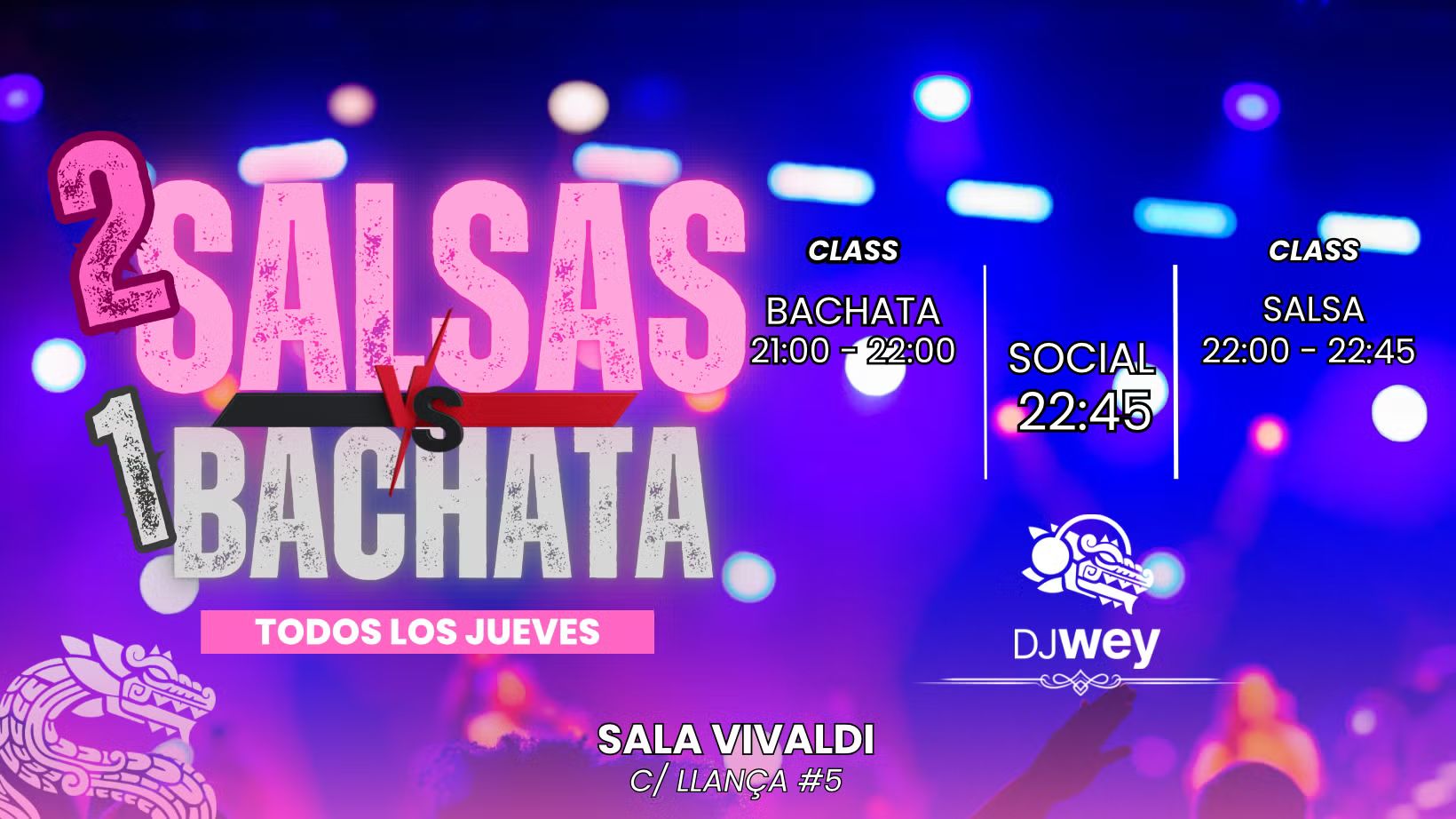 Clase + Social = ¡Salsa 2 vs 1 Bachata! 🎭 "Sala Vivaldi" - Jueves 21:00