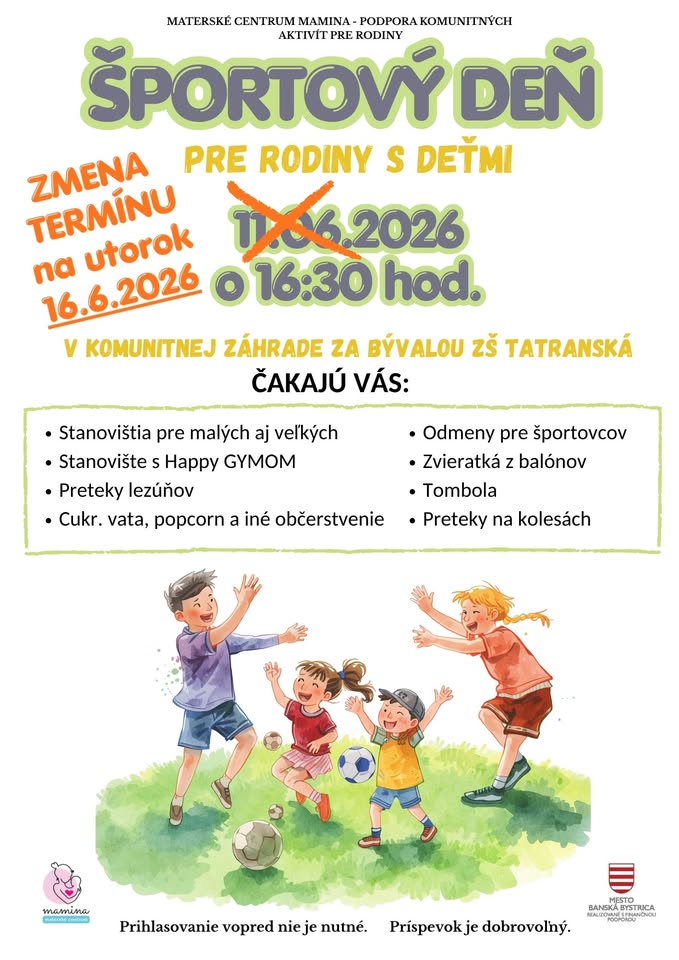Športový deň pre rodiny s deťmi - ZMENA termínu na 16.6.2026