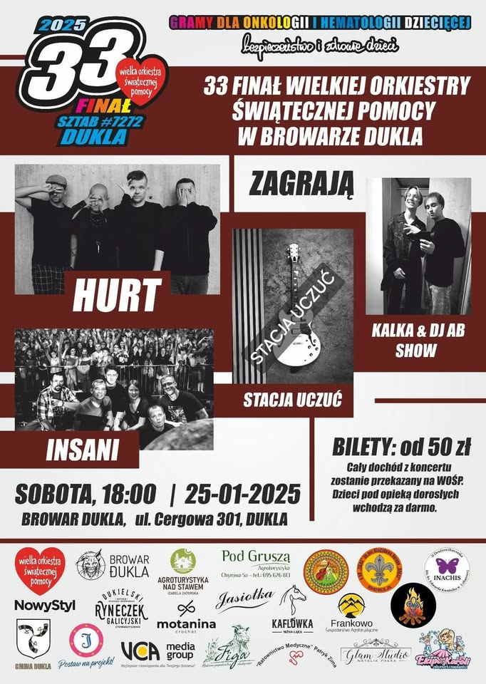 koncert HURT, Insani, Stacja Uczuć, KALKA w ramach WOŚP w Browarze Dukla