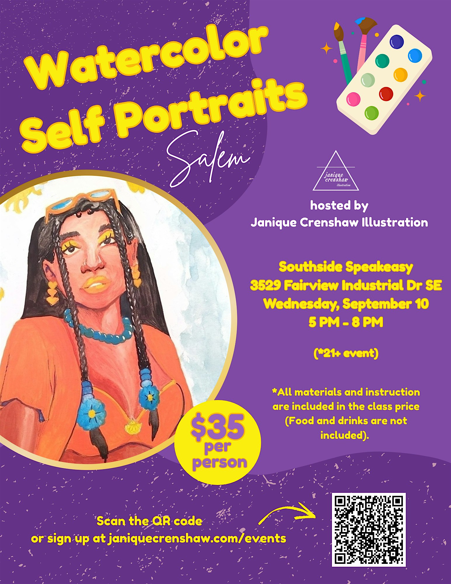 Sip and Paint Watercolor Portrait Class - Salem
