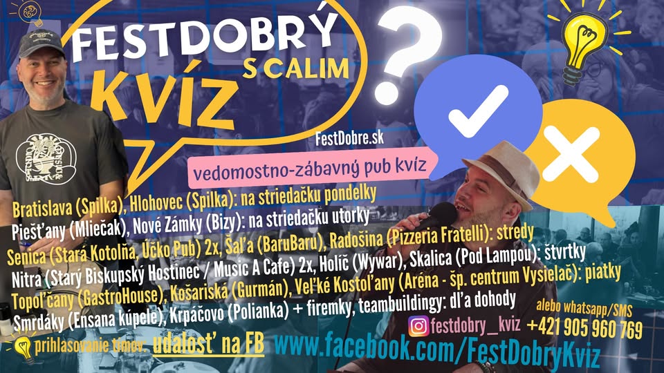 FestDobrýKvíz s Calim v Mliečaku/ Piešťany/ utorok 6. mája 2025 o 19:00