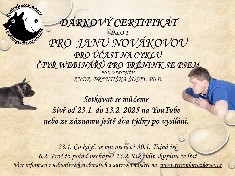 CYKLUS ČTYŘ WEBINÁŘŮ PRO TRÉNINK SE PSEM