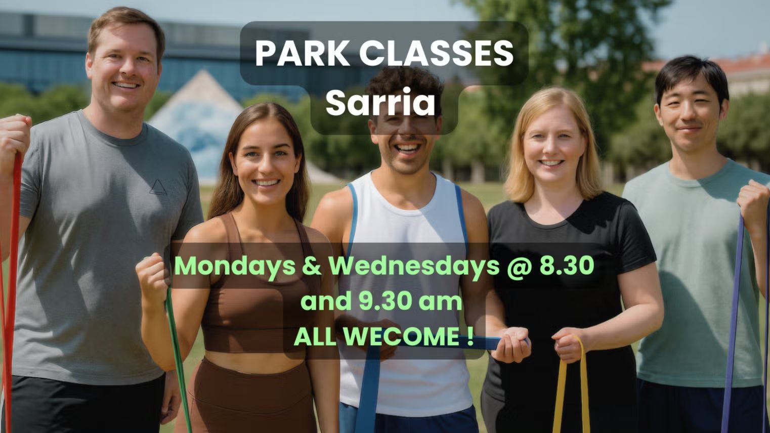 Fitness class : fun + friendly : outdoor park : small  group  : all levels