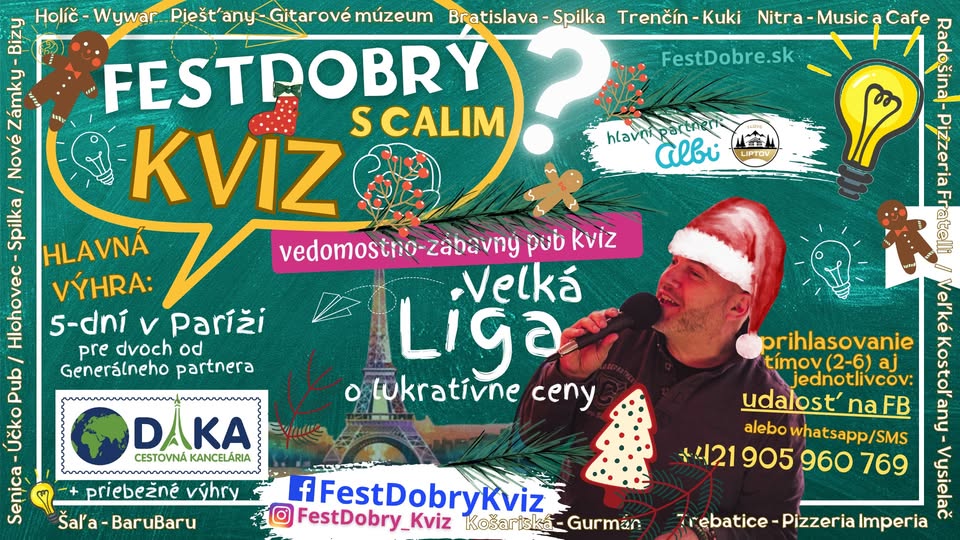 Vedomostno-zábavný FestDobrýKvíz s Calim v Spilke/Bratislava, (Nový Stein)/ pondelok 15.12. o 19:00