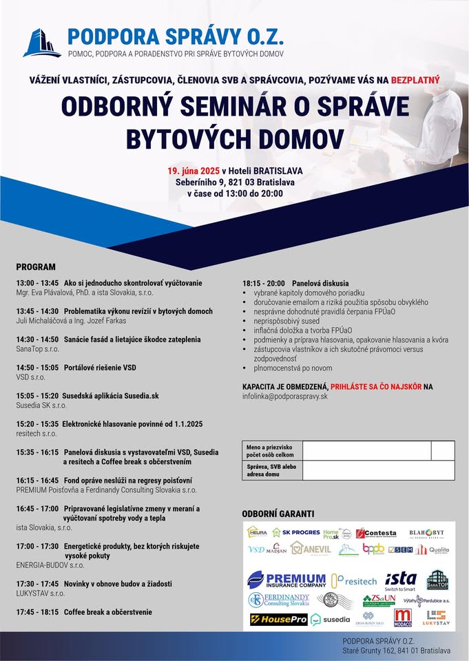 BEZPLATNÝ SEMINÁR O SPRÁVE BYTOVÝCH DOMOV V BRATISLAVE