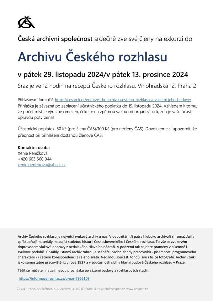 Exkurze do Archivu Českého rozhlasu a zázemí jeho budovy, 29. 11. a 13. 12. 2024
