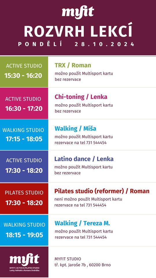 rozvrh lekcí v pondělí 28.10.2024