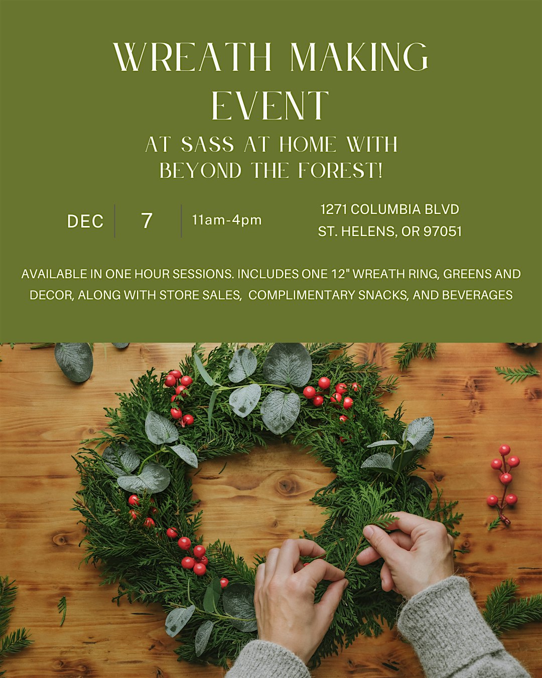 Sunday 12/7 - Holiday Wreath Making at Sass at Home with Beyond the Forest