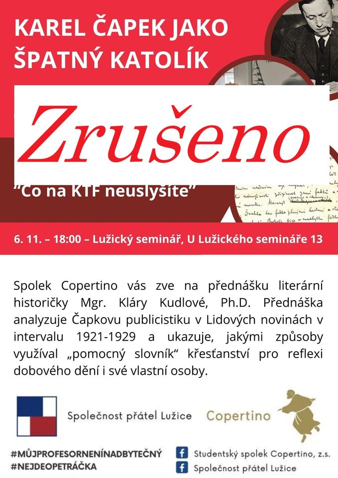 Co na KTF neuslyšíte - "Karel Čapek jako špatný katolík" - Mgr. K. Kudlová, Ph.D.