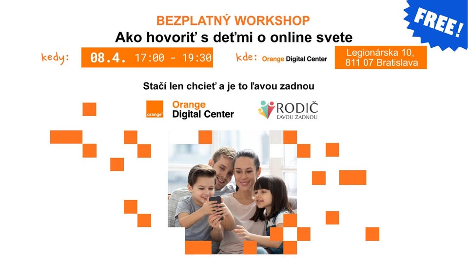 ZDARMA WORKSHOP: Ako hovoriť s deťmi o online svete – 8. 4. 2026 | 17:00 – 19:30