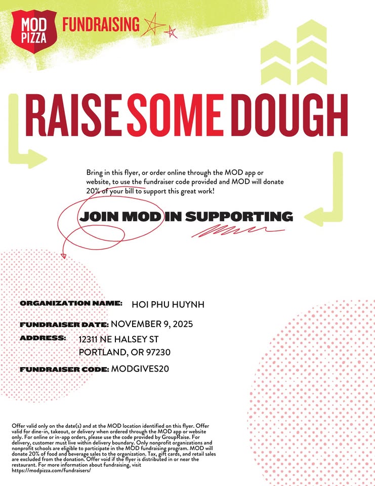 Family Dine Out Fundraiser at MOD Pizza / Bữa Ăn Cùng Gia Đình tại Nhà Hàng MOD Pizza