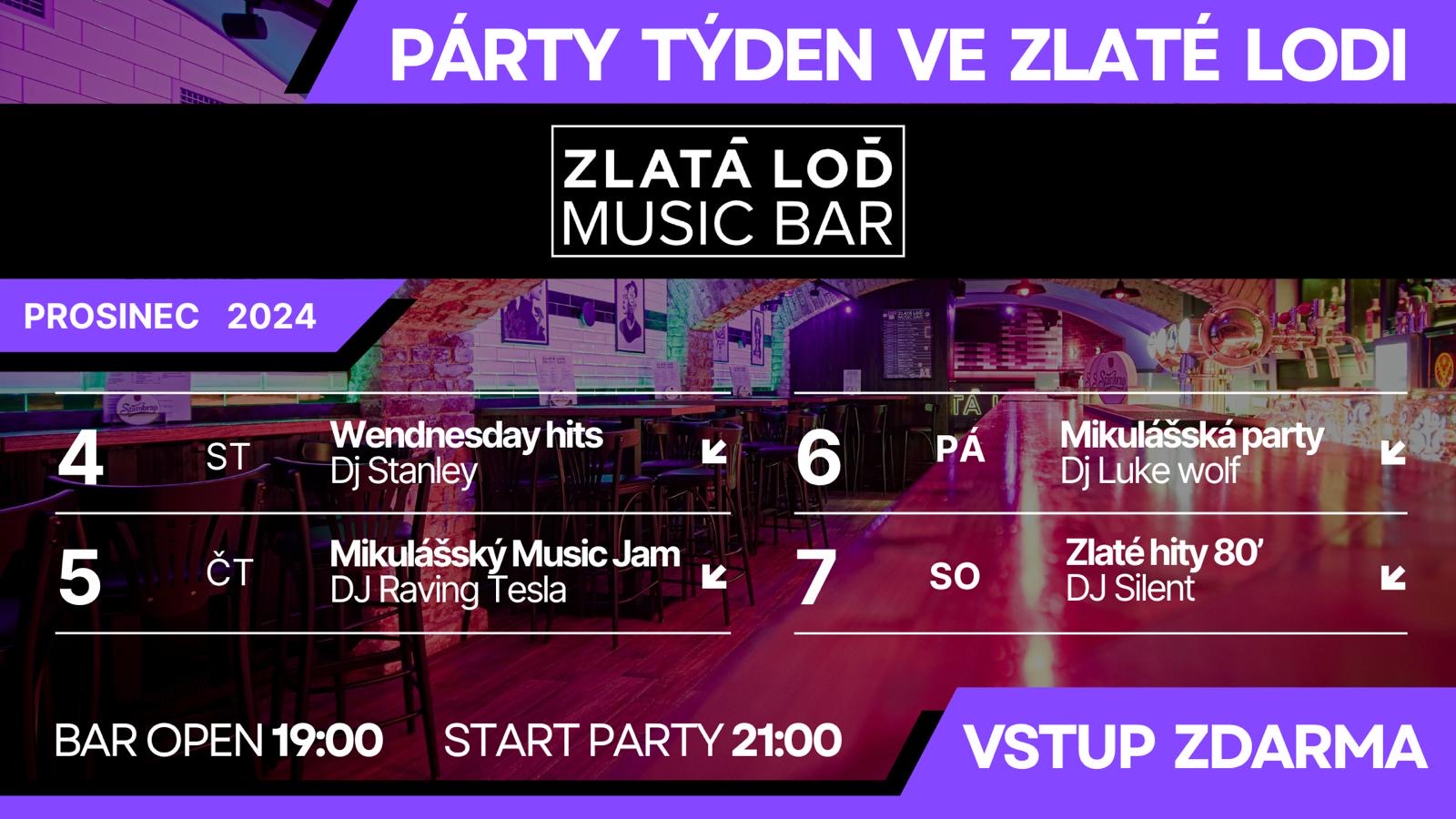 MIKULÁŠSKÁ AFTERPARTY VE ZLATÉ LODI 🎅🎉 | Vstup ZDARMA | Středa až Sobota | nám. Svobody