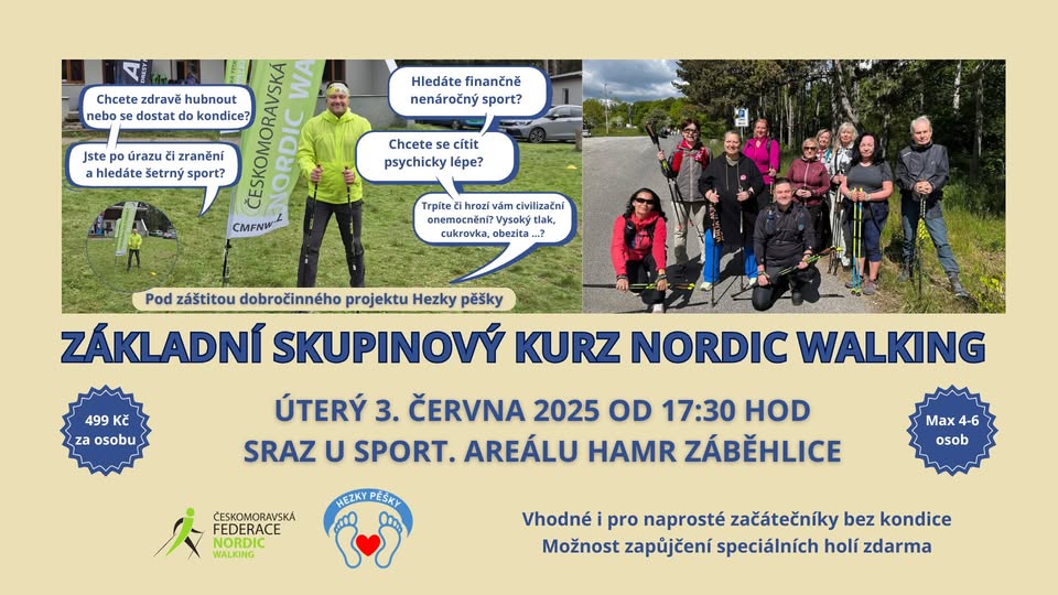 Základní skupinový kurz chůze s nordic walking holemi