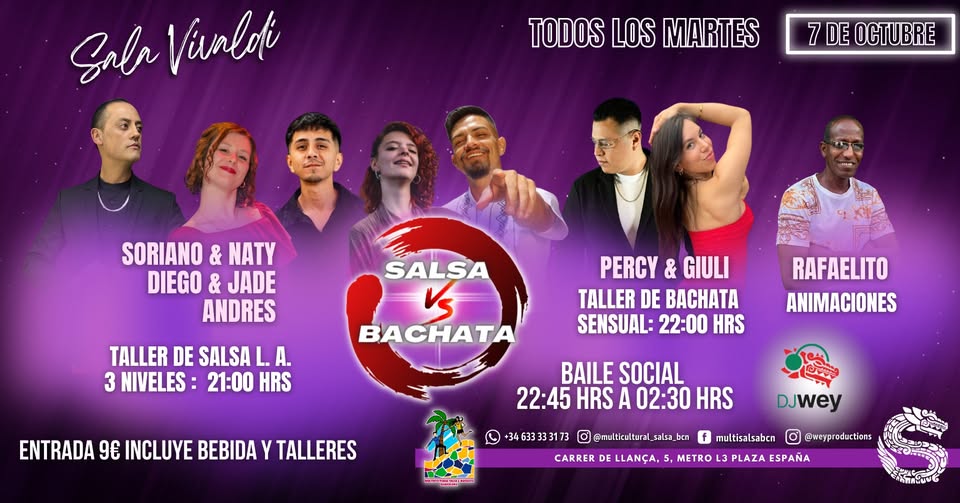 SALSA VS BACHATA, TUESDAY WORKSHOPS AND SOCIAL DANCE IN SALA VIVALDI