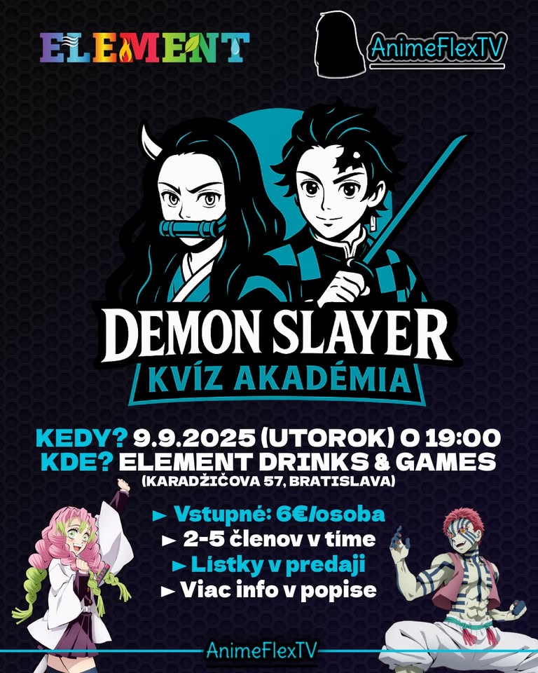 Demon Slayer Kvíz Akadémia v Element Drinks & Games bare!