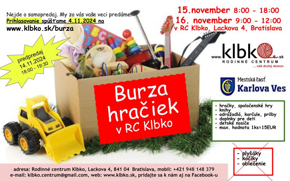 Burza hračiek(piatok 8-18),(sobota 9-12)
