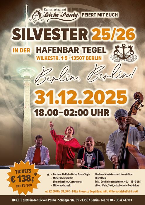 Das Kulturrestaurant Dicke Paula feiert Silvester 2025/26 in der Hafenbar Tegel