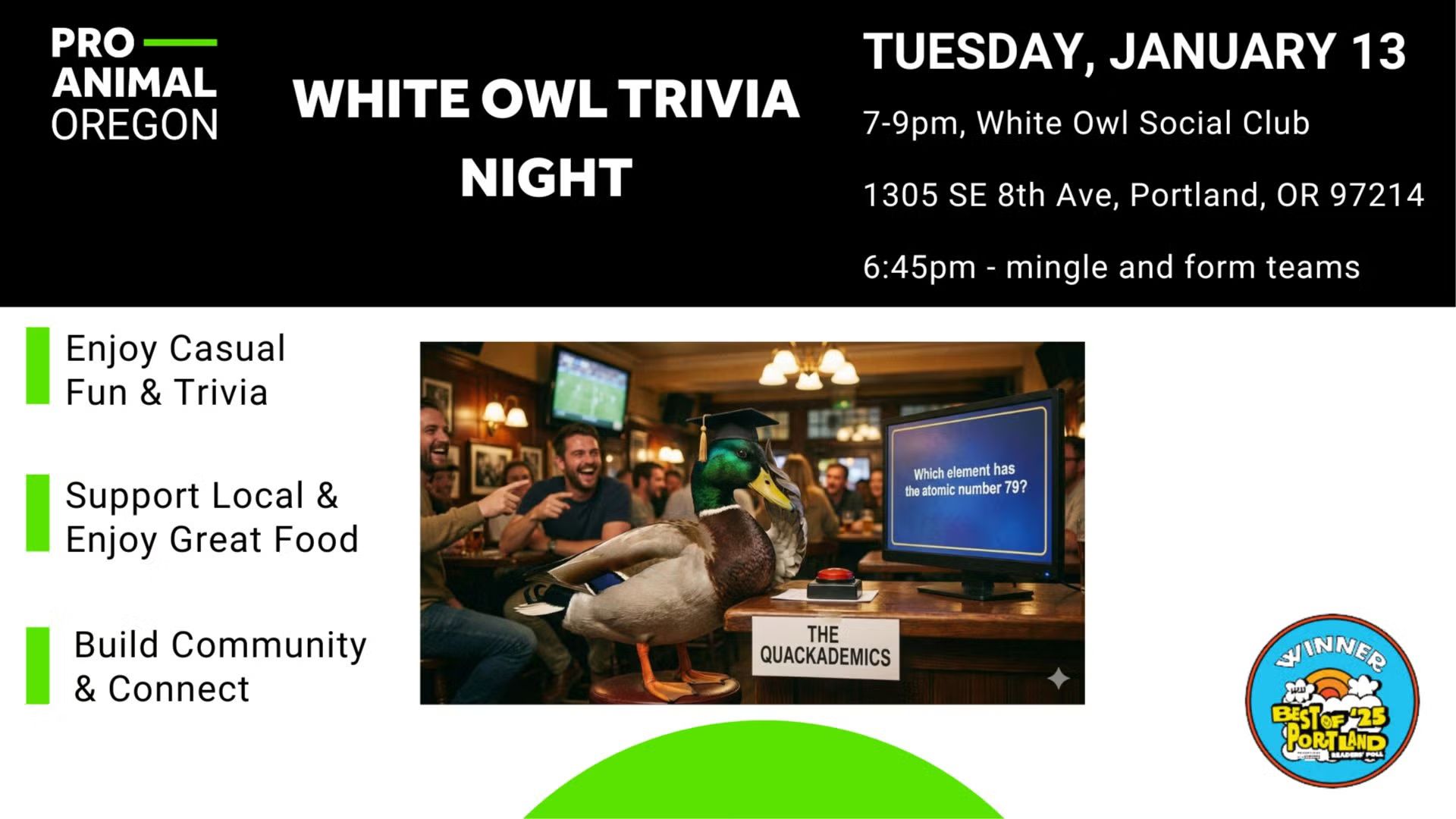 Pro-Animal White Owl Trivia Night