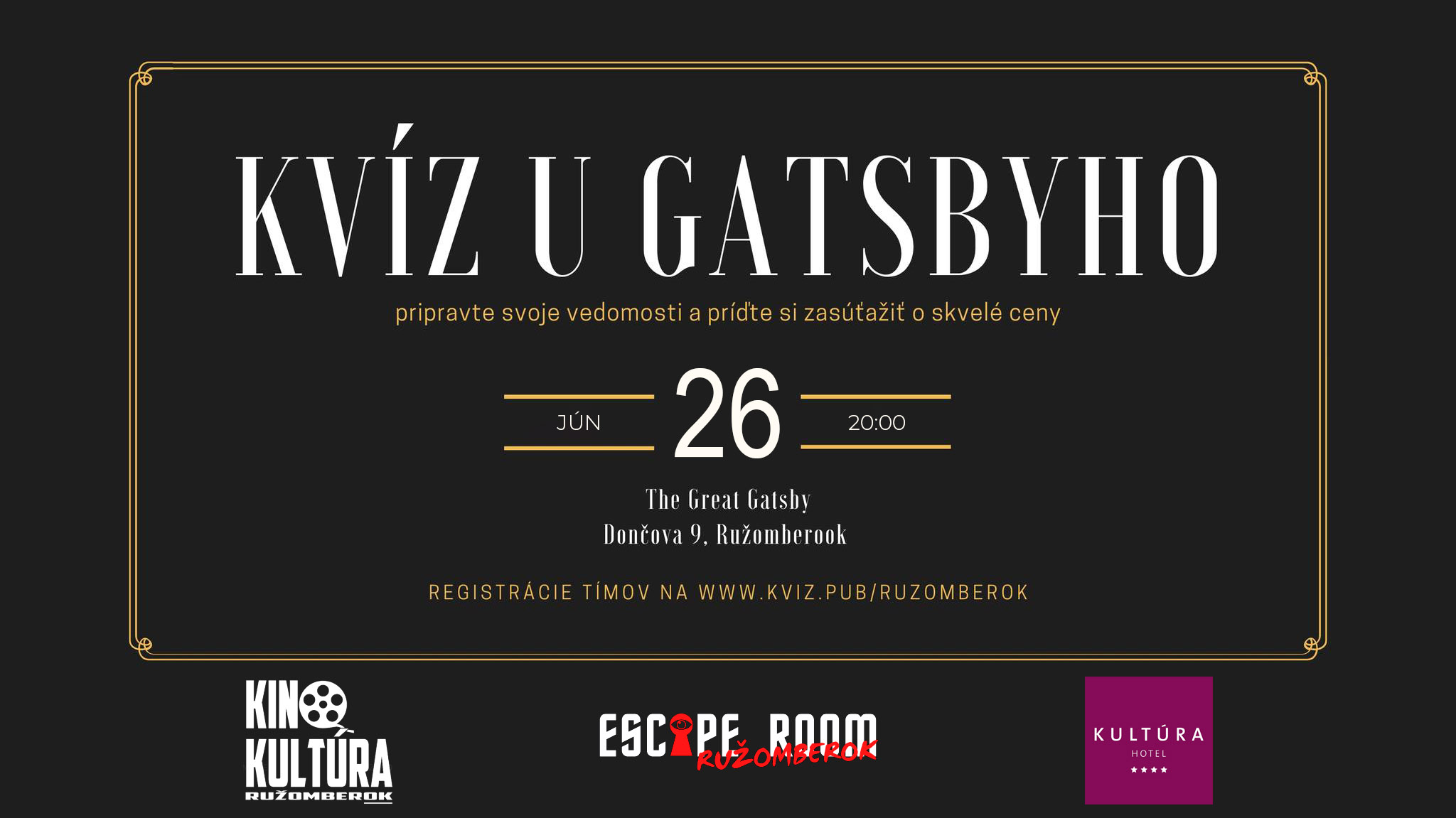 🧠✨ KVÍZ U GATSBYHO – Štvrtok 26. Jún! 20:00 🍸