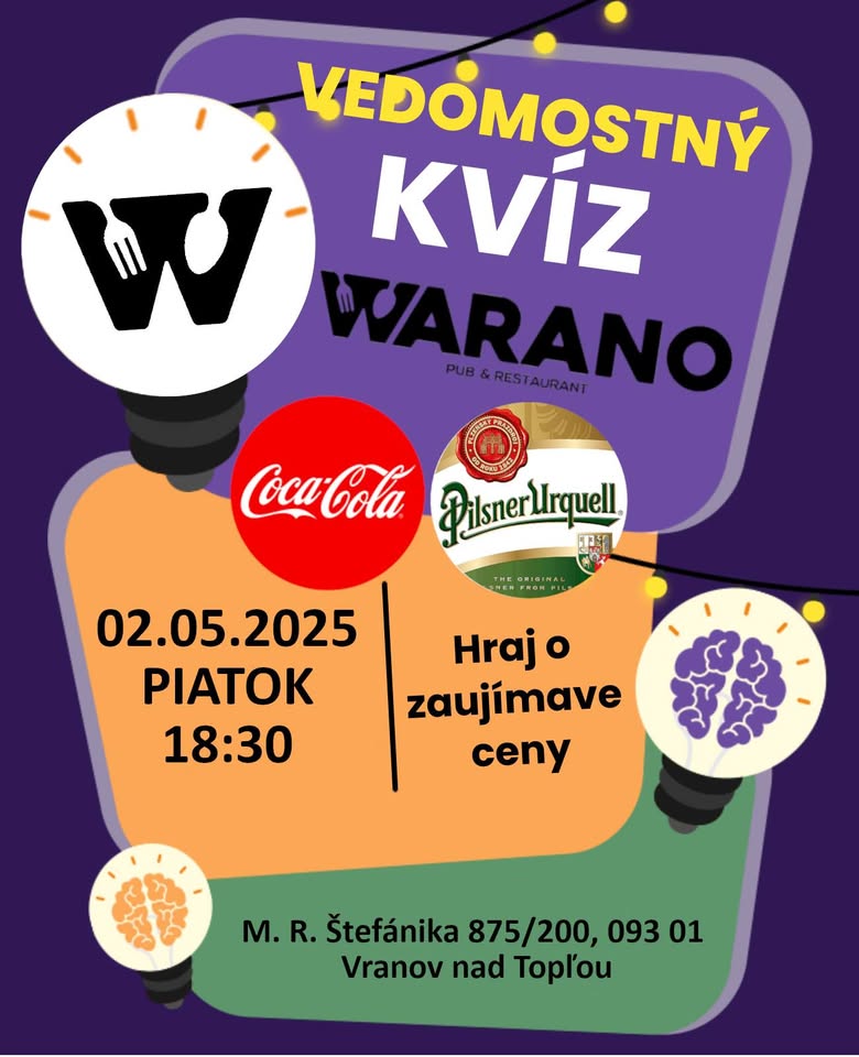 VEDOMOSTNÝ KVÍZ WARANO Vranov nad Topľou - PIATOK 02.05.2025 o 18:30