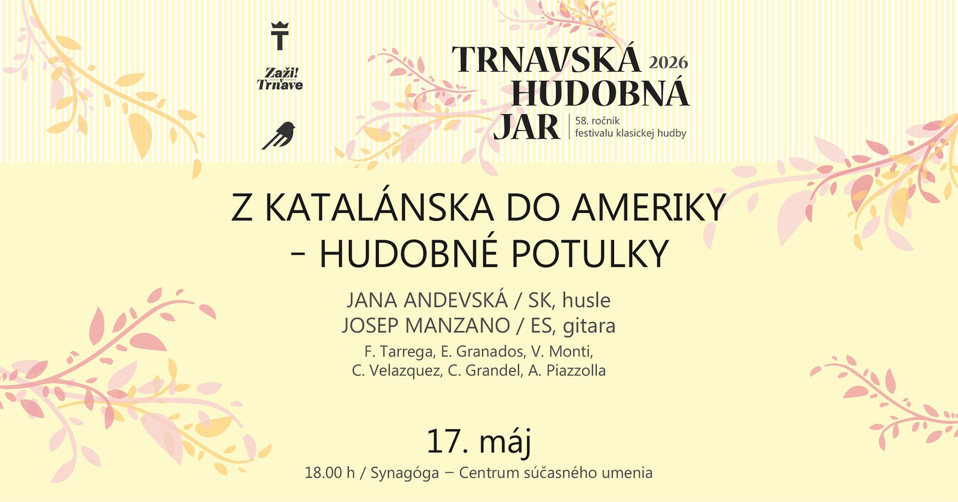 Trnavská hudobná jar 2026 - Z Katalánska do Ameriky – hudobné potulky